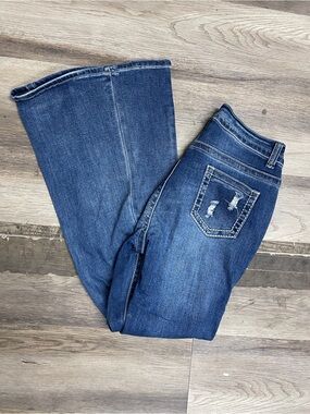 Bamboo Women's Boot Cut Jeans in Mid Blue Denim with Pink Label
